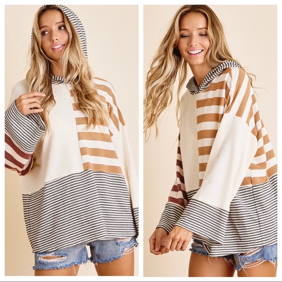 Striped Solid Color Block Contrast Fabulous Hoodie - Picture 2 of 5